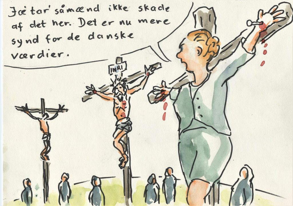 Tegning med Inger Støjberg