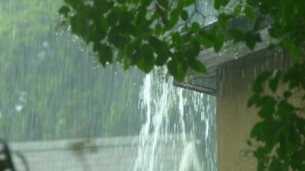 Rain Flows From A House Roof Into A Gutter During Rain. Close up
