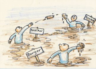 Tegning af Ole Vedby: Mudderkastning Img525