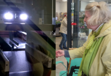 80-årige Jane Margrethe tester det nye apotek, mens robotten arbejder på højtryk Kerteminde Apotek Jane og robot